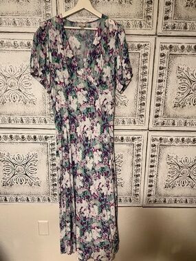 NWOT a new day White Maxi Dress with Teal & Purple Floral Print